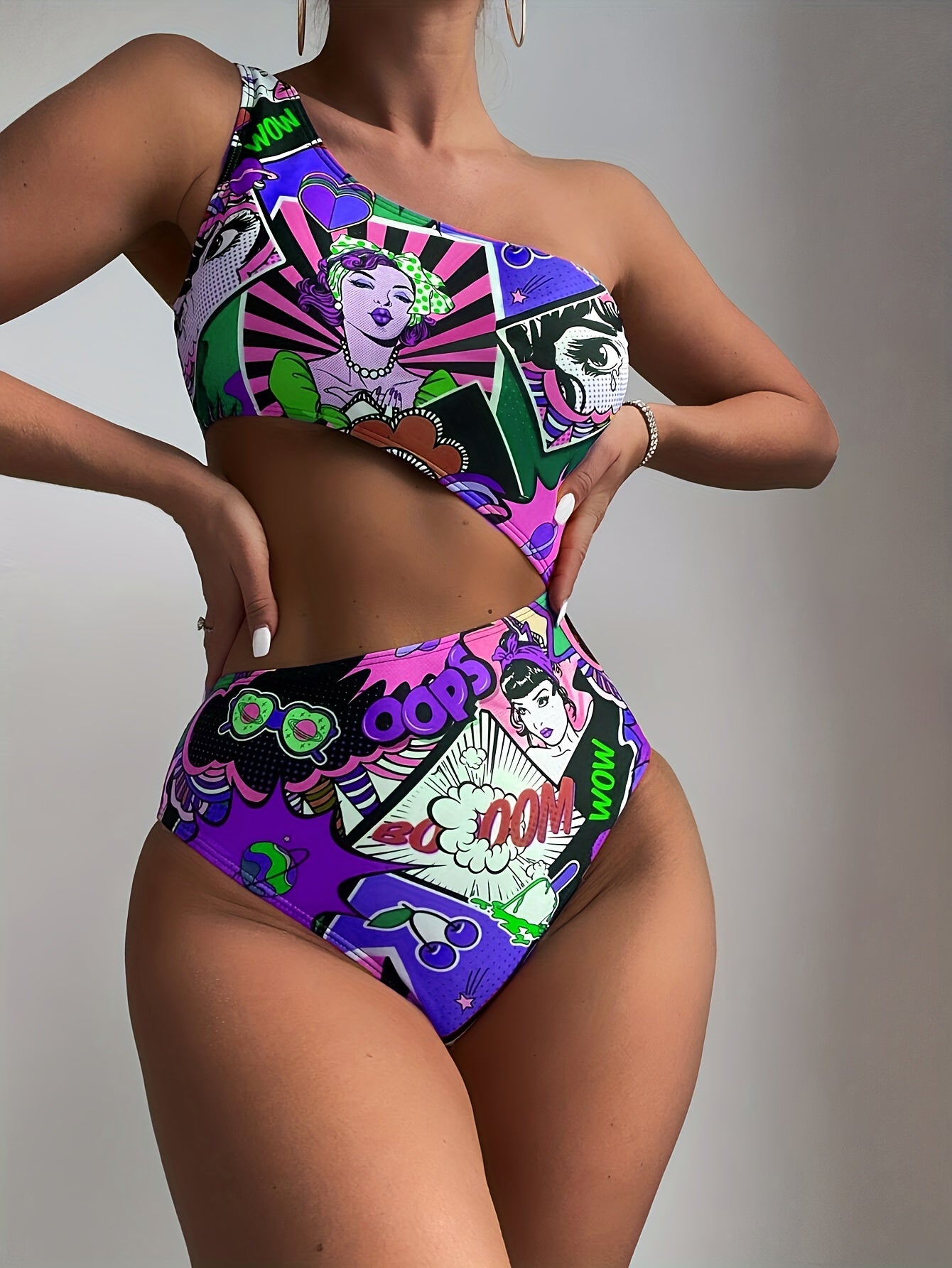 High-Stretch Womens One-piece Swimsuit - Fun Cartoon Comic Prints & Asymmetric Pop Art Design, Unique Cut Out Bathing Suit for a Fashion-Forward Look
